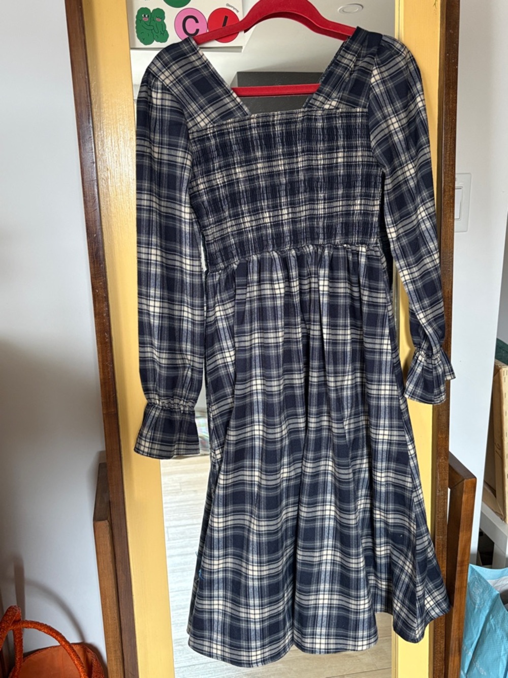 DAZY Plaid Smocked Mini Dress – Long Sleeve Cottagecore Style (Navy)